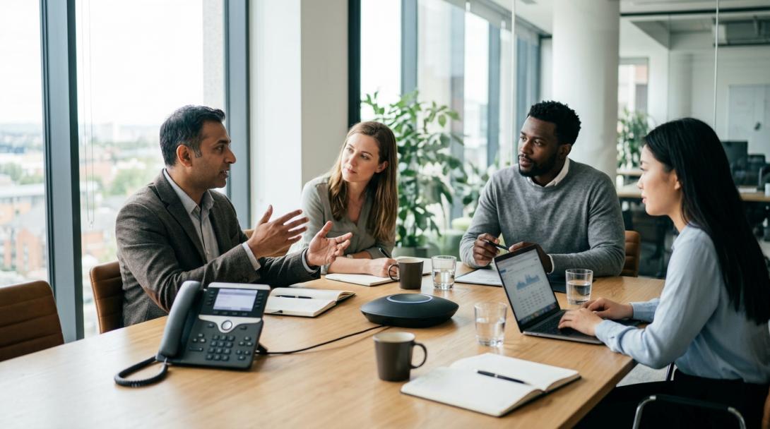 Small business team using a hosted phone system on desk phones and laptops in a UK office